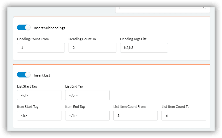 Auto insert list or subheadings