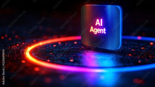 An AI agent hologram symbolizing agentic autonomy for collaboration with the human workforce using autonomous agents to work in business partnership using teamwork